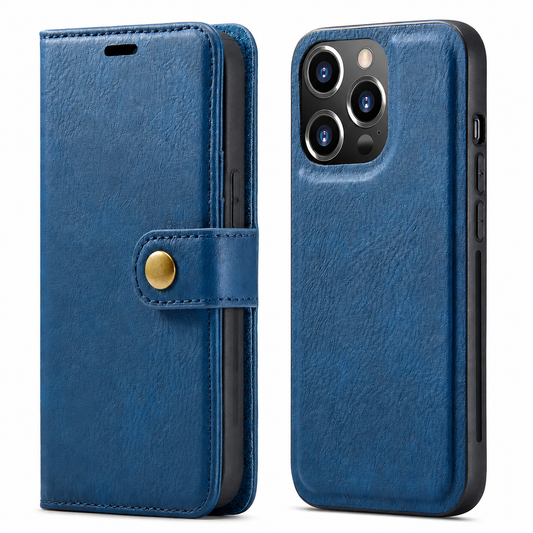 Front and back views show a blue leather-look wallet phone case against white. The stitched folding cover has an earpiece slot and a short fastening tab with a round gold-colored button.