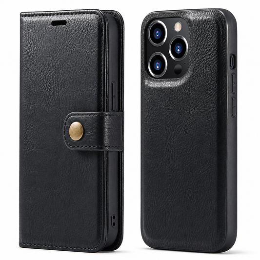 Front and back views show a black leather-look wallet phone case against white. The stitched folding cover has an earpiece slot and a short fastening tab with a round gold-colored button.