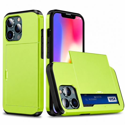 Front, rear and open-storage views of a lime green phone case appear on white. A flat rectangular rear cover slides aside to reveal a blue bank card beneath it. Black reinforced edges frame the phone, and the front screen shows a red, blue and yellow gradient.