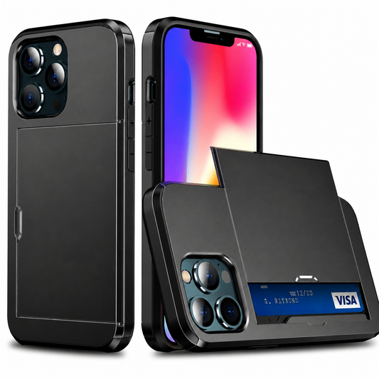 Front, rear and open-storage views of a black phone case appear on white. A flat rectangular rear cover slides aside to reveal a blue bank card beneath it. Black reinforced edges frame the phone, and the front screen shows a red, blue and yellow gradient.