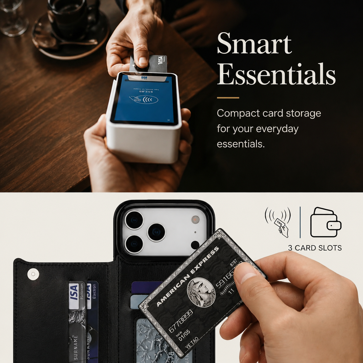 Collage shows a card used with a payment terminal and a hand removing a card from an open black phone wallet. Text highlights compact card storage.