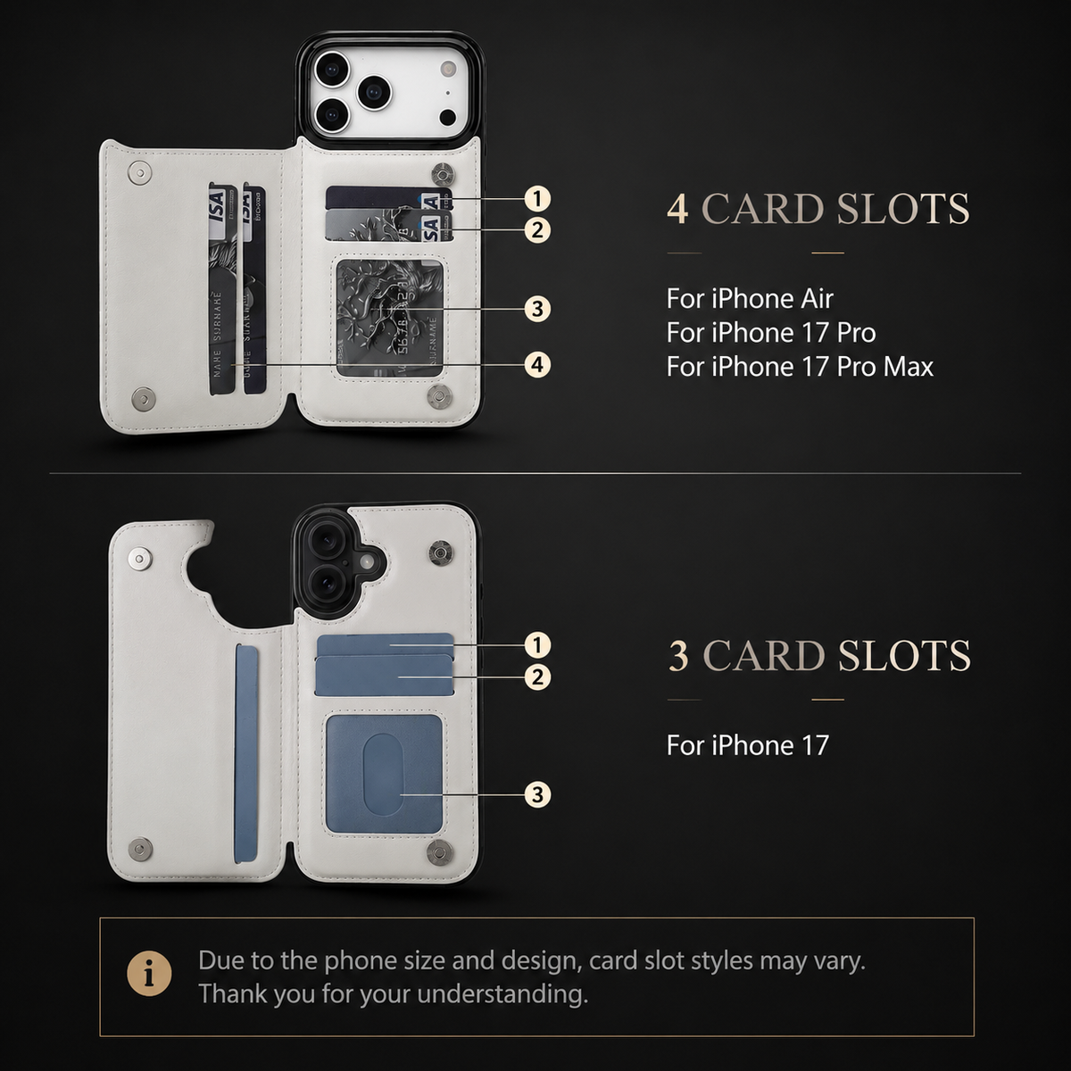 White wallet-case diagrams compare four card slots for iPhone Air, 17 Pro, and 17 Pro Max with three slots for iPhone 17. Text notes that slot layouts vary by model.
