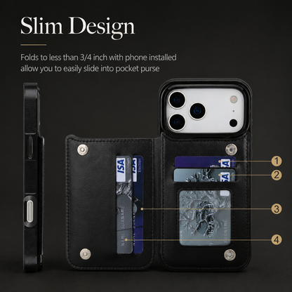 Open black rear wallet displays cards and an ID window beside a slim side view. Text advertises a folded thickness of less than three-quarters of an inch.