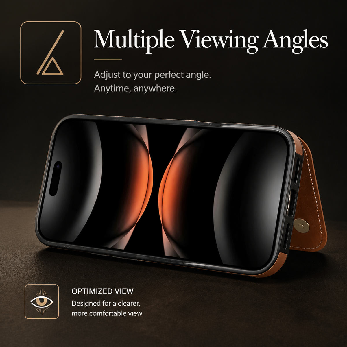 Phone stands horizontally on its folded brown rear wallet, with an orange-and-black wallpaper on the screen. Text advertises adjustable viewing angles.