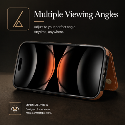 Phone stands horizontally on its folded brown rear wallet, with an orange-and-black wallpaper on the screen. Text advertises adjustable viewing angles.