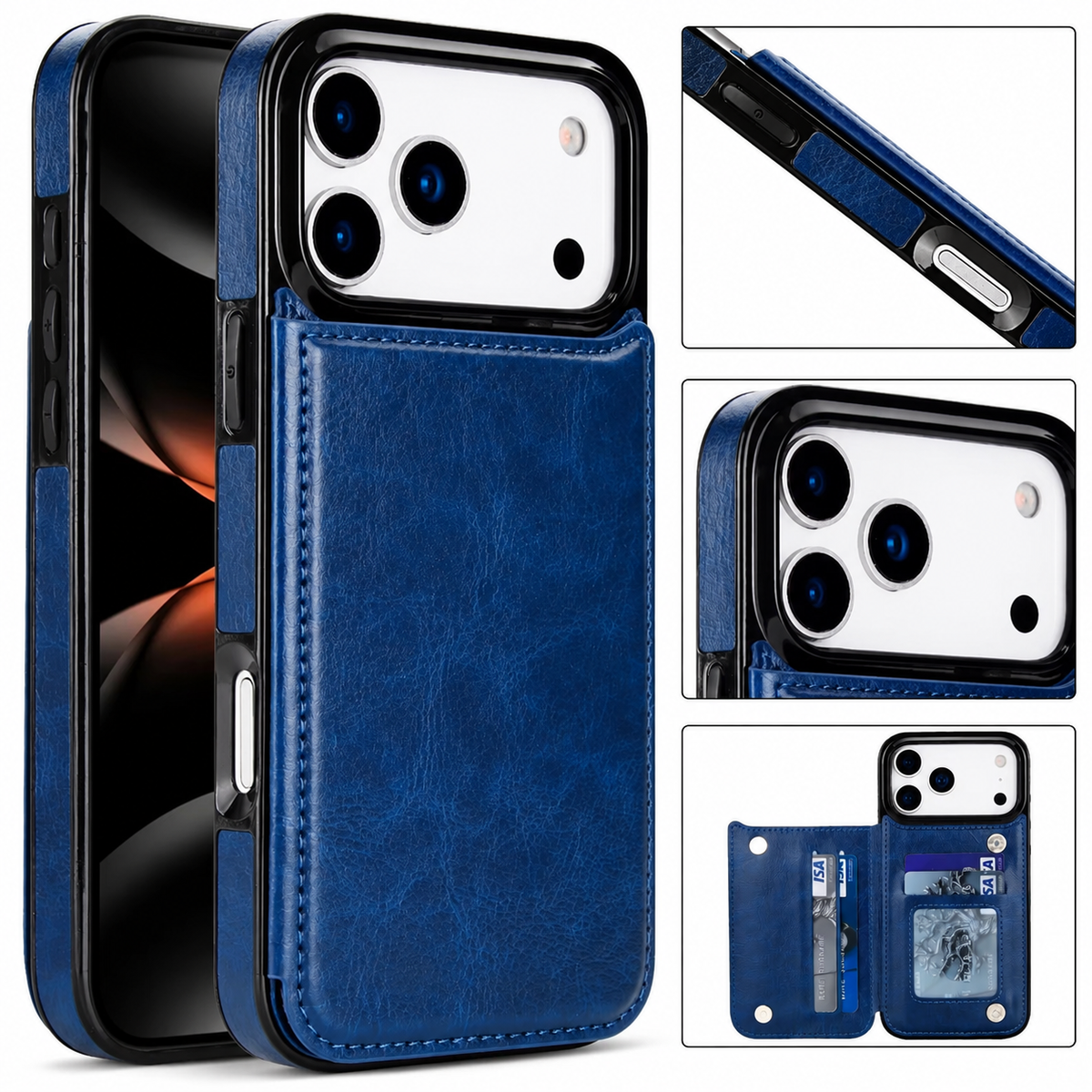 Blue leather-look wallet case shown from the front and back. Insets show its side controls, raised camera border, and rear wallet opened to reveal card slots and an ID window.