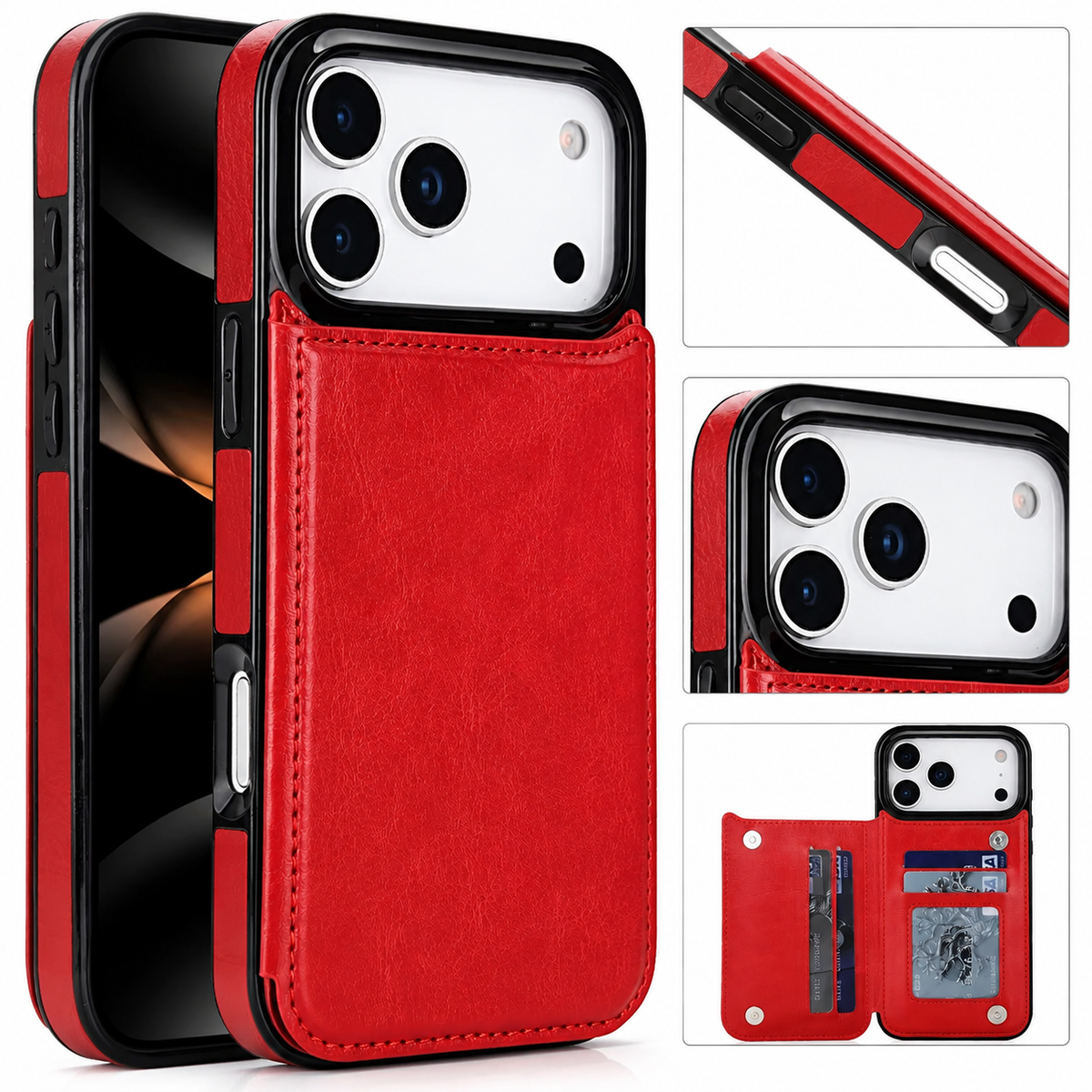 Red leather-look wallet case shown from the front and back. Insets show its side controls, raised camera border, and rear wallet opened to reveal card slots and an ID window.