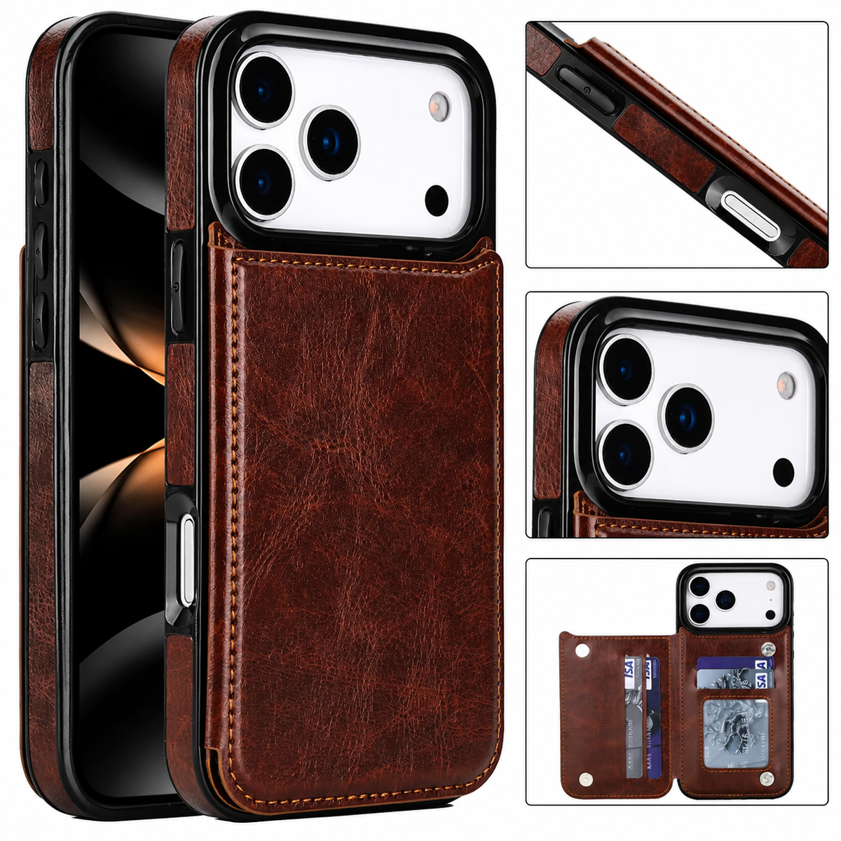 Brown leather-look wallet case shown from the front and back. Insets show its side controls, raised camera border, and rear wallet opened to reveal card slots and an ID window.