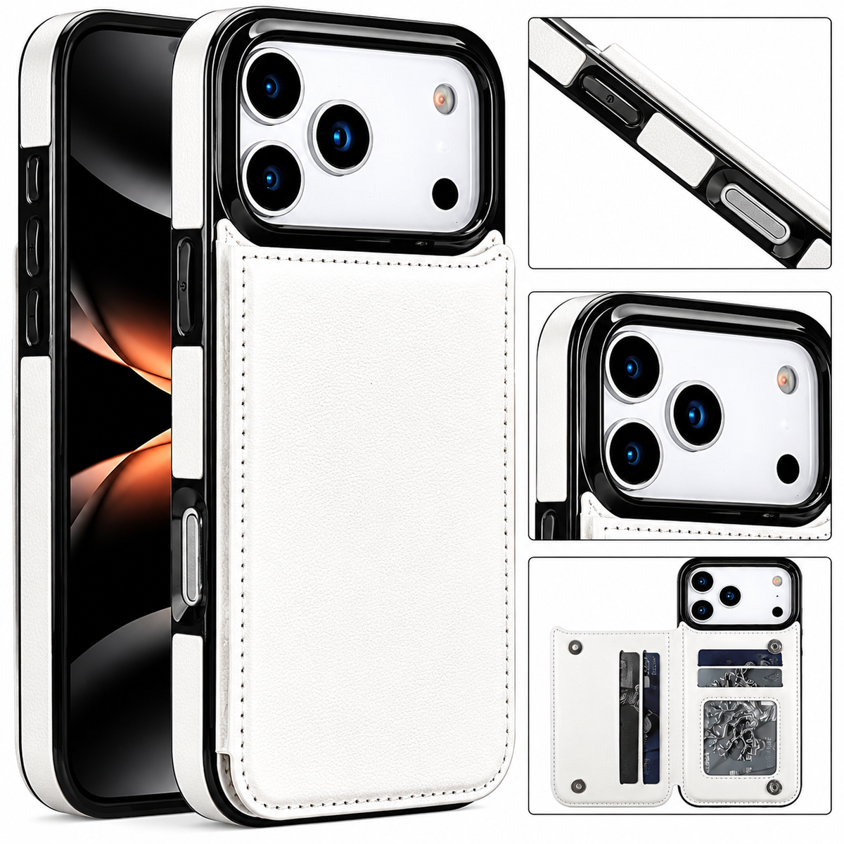 White leather-look wallet case shown from the front and back. Insets show its side controls, raised camera border, and rear wallet opened to reveal card slots and an ID window.