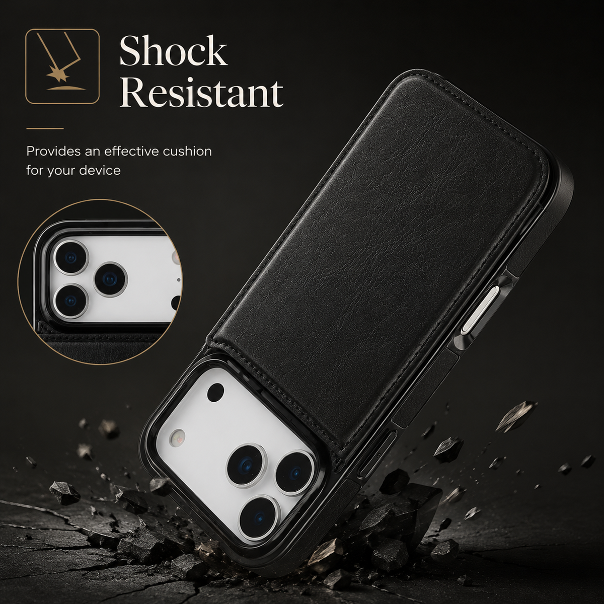 Black wallet case illustrated striking a cracked dark surface at a corner. A circular inset highlights the raised camera surround beside text advertising shock resistance.