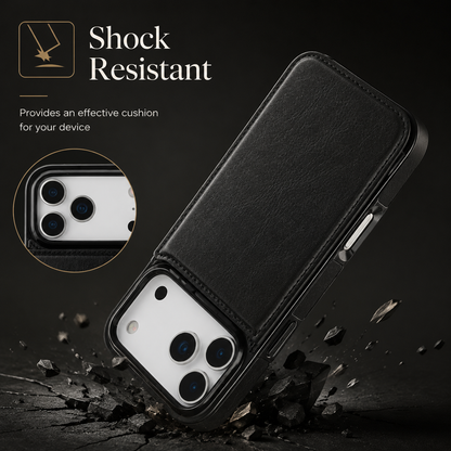 Black wallet case illustrated striking a cracked dark surface at a corner. A circular inset highlights the raised camera surround beside text advertising shock resistance.