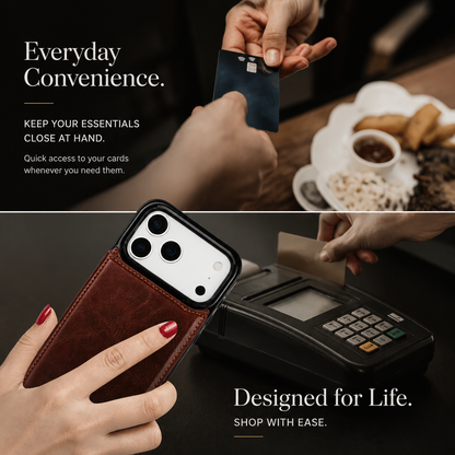 Two-panel collage shows hands passing a card above a café table and a brown wallet-cased phone held near a payment terminal. Text highlights convenient card access.