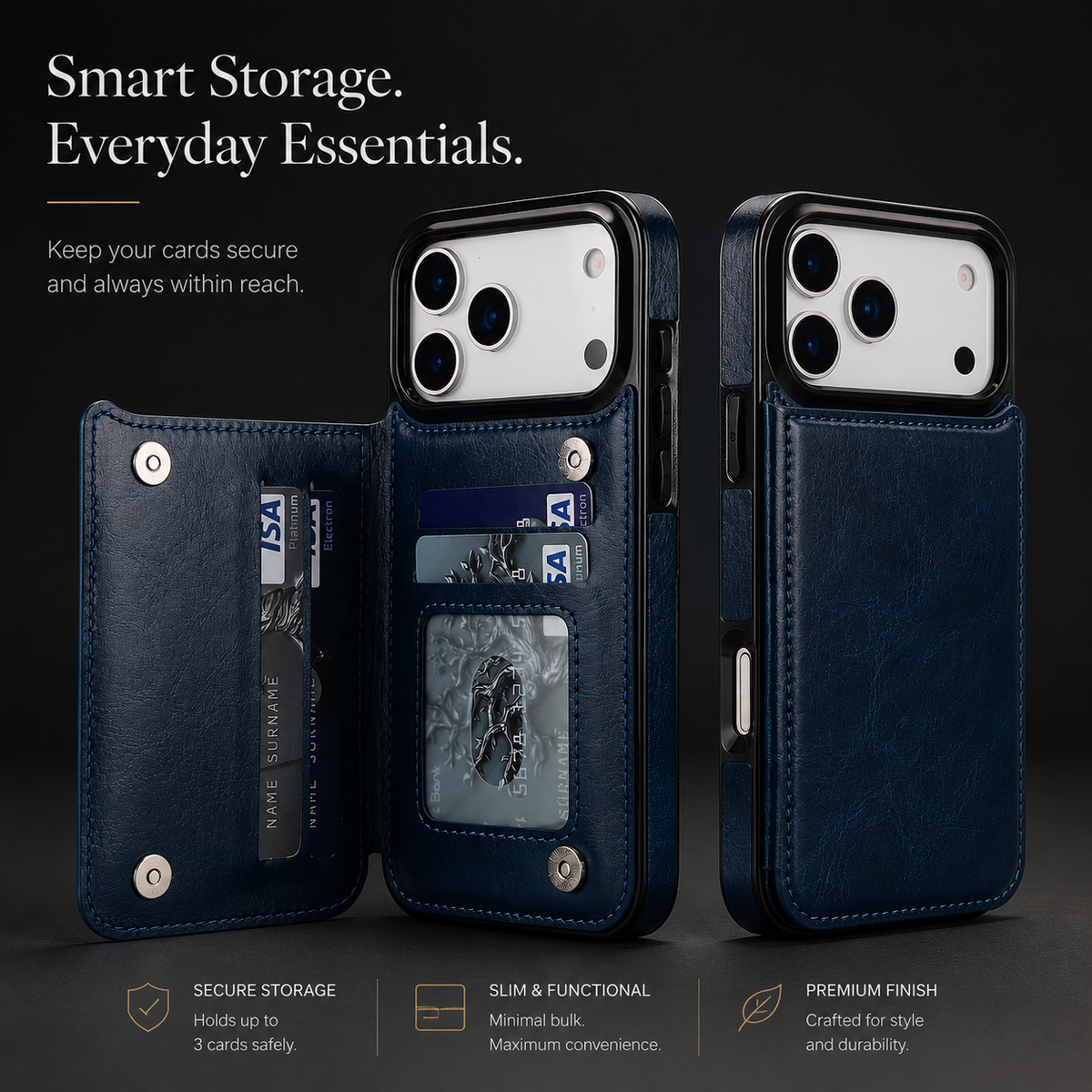Blue wallet case shown with its rear cover open beside another closed case. Cards and an ID window are visible, with text advertising secure storage and minimal bulk.