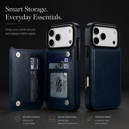Blue wallet case shown with its rear cover open beside another closed case. Cards and an ID window are visible, with text advertising secure storage and minimal bulk.