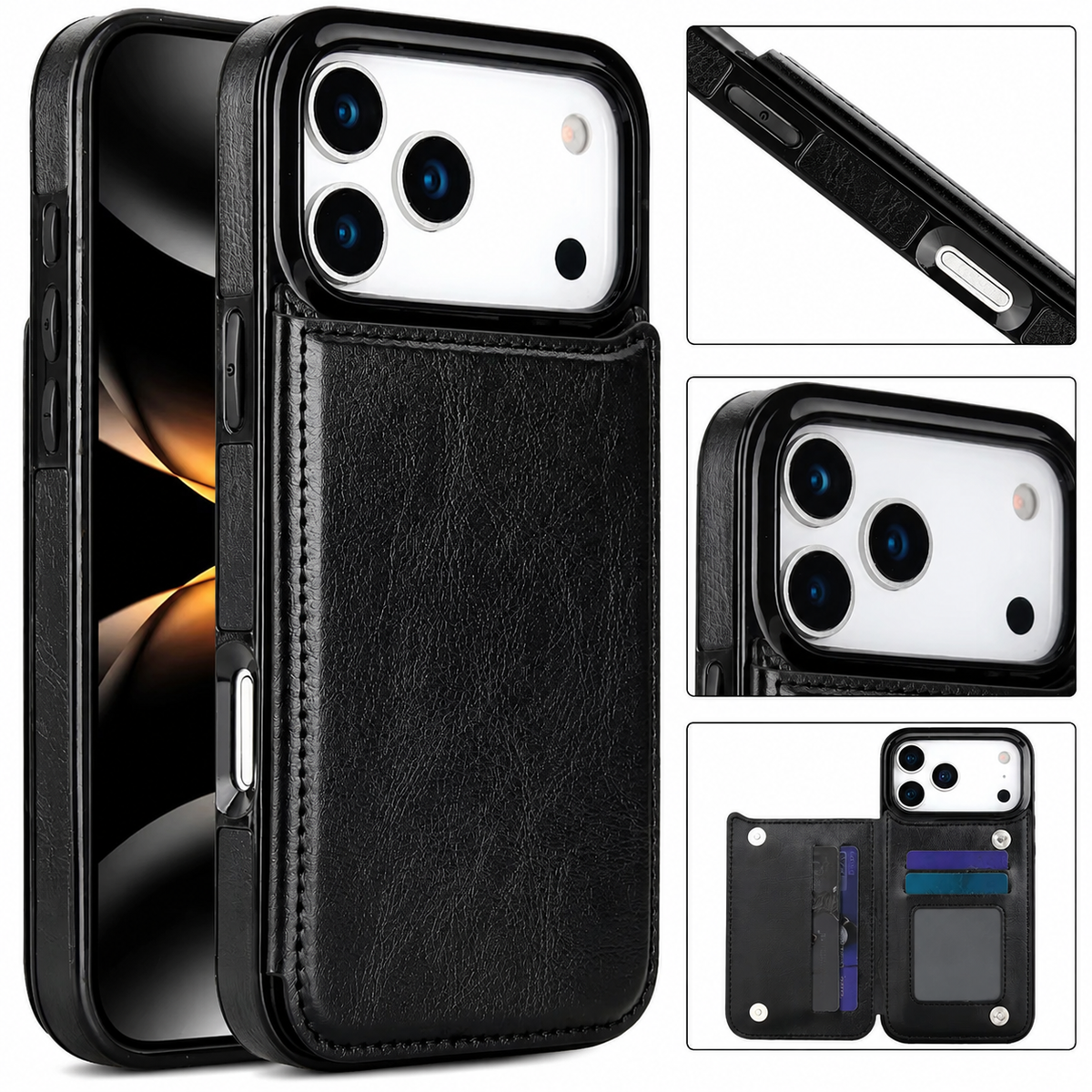 Black leather-look wallet case shown from the front and back. Insets show its side controls, raised camera border, and rear wallet opened to reveal card slots and an ID window.