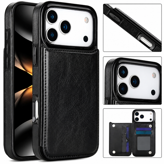 Black leather-look wallet case shown from the front and back. Insets show its side controls, raised camera border, and rear wallet opened to reveal card slots and an ID window.