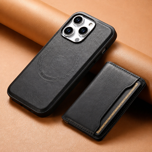 A black leather-look phone case lies diagonally beside a matching detached card wallet on tan leather-like material. An embossed circle marks the back, and a card peeks from the wallet's side opening.