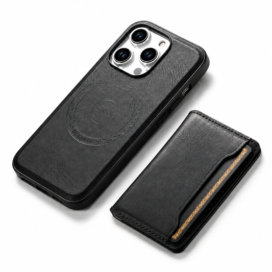 A black leather-look phone case lies diagonally beside a matching detached card wallet against white. An embossed circle marks the case back, and a card peeks from the stitched wallet's side opening.