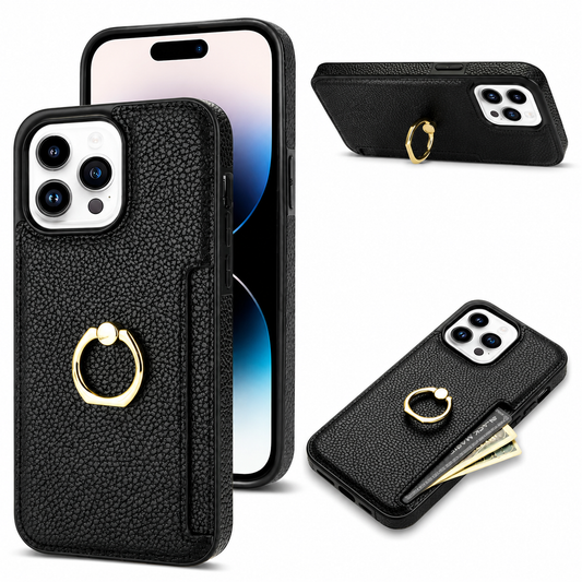 A white-background collage shows a black textured phone case from the rear beside a front-facing phone. A gold-colored ring sits on the back above a narrow card slot. Smaller views show the phone supported horizontally by the unfolded ring and lying face down with several cards extending from the slot.