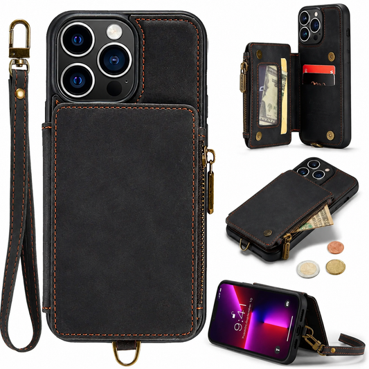 A black stitched phone wallet appears with a wrist loop against white. Insets show its rear flap opened to card pockets and a clear window, its zip pocket holding cash, and a horizontal stand.