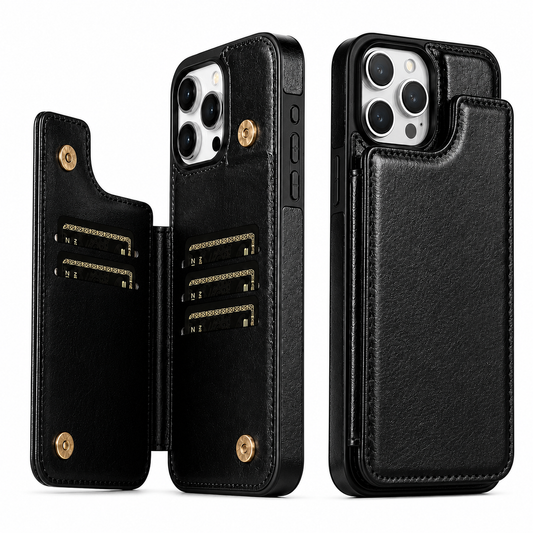 Black leather-look wallet phone case shown open and closed against white. The rear flap contains several card slots and a clear ID window, secured by two gold-colored snaps.