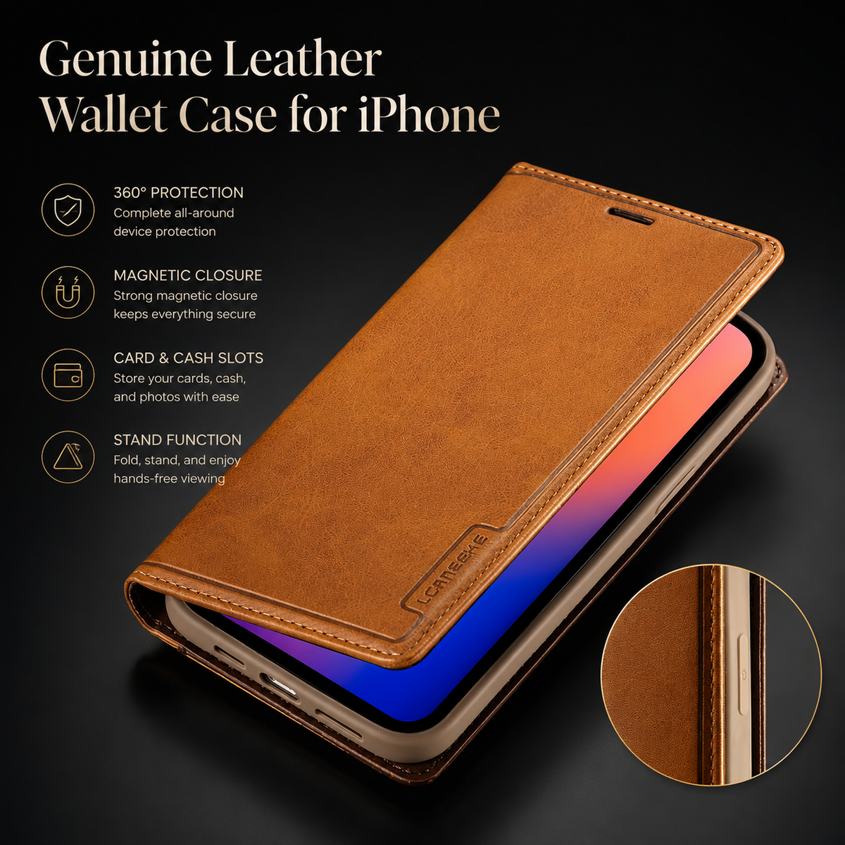 A tan wallet cover is partly open above a phone on a dark surface. An inset enlarges the stitched edge and layered thickness. Text reads Genuine Leather Wallet Case for iPhone.