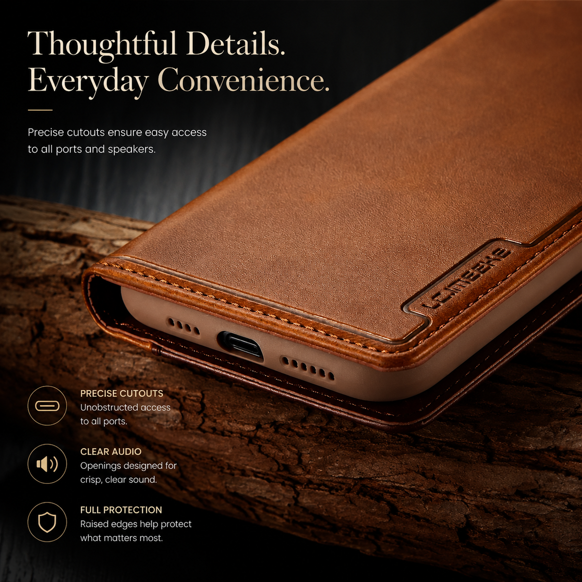 Close view of a tan wallet’s lower edge shows the charging port, speaker openings and stitched cover above rustic wood. Text reads Thoughtful Details. Everyday Convenience.