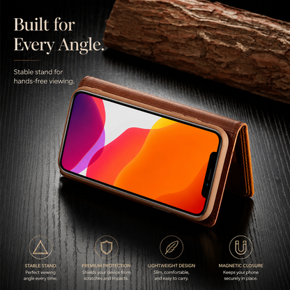 A brown wallet holds a phone horizontally on its folded flap near a piece of rustic wood. The screen shows orange and pink curves. Text reads Built for Every Angle.