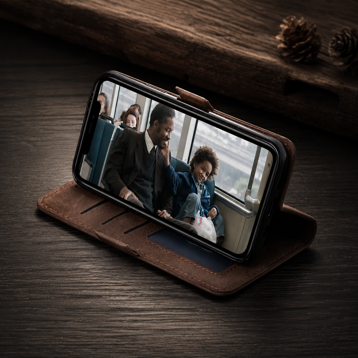 A brown wallet props a phone horizontally on dark wood. The screen shows two seated people, with pine cones and a raised wooden board behind it.