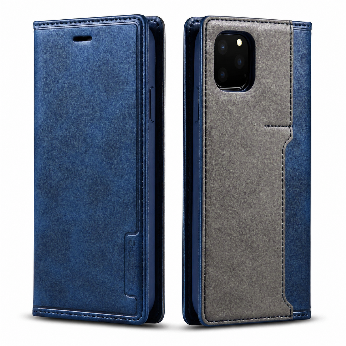 Front and rear views of a blue flip wallet case with a gray rear panel stand on white. Stitching outlines the smooth mottled cover, with a small earpiece slot near the top and a camera opening on the rear. A narrow integrated closure strip runs along the outer edge.