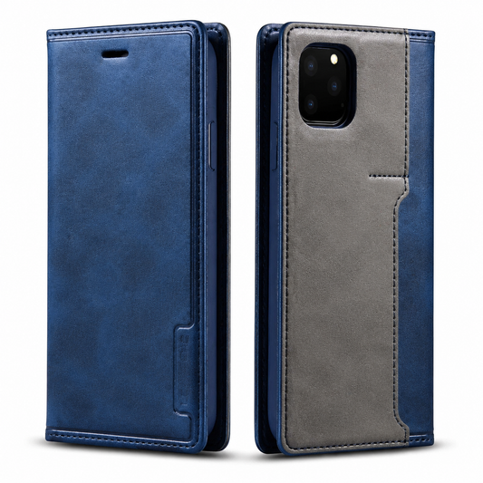 Front and rear views of a blue flip wallet case with a gray rear panel stand on white. Stitching outlines the smooth mottled cover, with a small earpiece slot near the top and a camera opening on the rear. A narrow integrated closure strip runs along the outer edge.