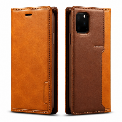 Front and rear views of an orange and tan flip wallet case with a brown rear panel stand on white. Stitching outlines the smooth mottled cover, with a small earpiece slot near the top and a camera opening on the rear. A narrow integrated closure strip runs along the outer edge.
