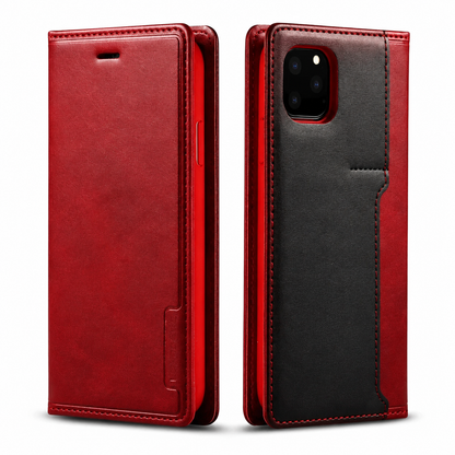 Front and rear views of a red flip wallet case with a black rear panel stand on white. Stitching outlines the smooth mottled cover, with a small earpiece slot near the top and a camera opening on the rear. A narrow integrated closure strip runs along the outer edge.