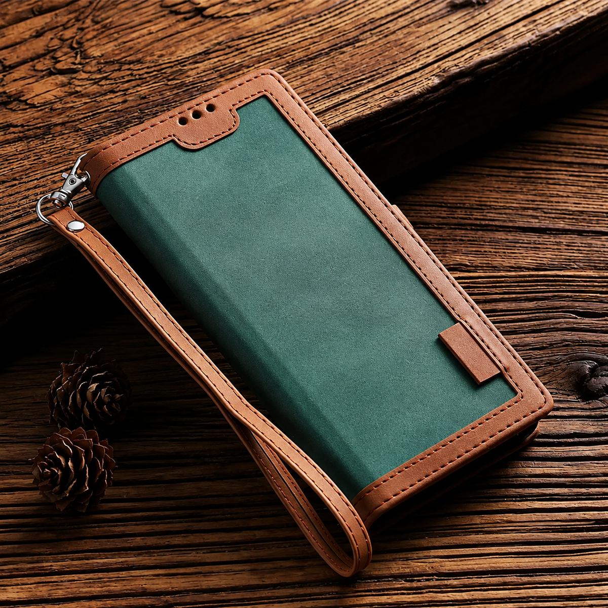 A tan wallet case with a green front panel lies diagonally on rustic dark wood beside pine cones. A matching wrist strap hangs from a silver clip at the upper corner.