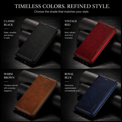 A four-panel color graphic shows closed wallets in black, vintage red, warm brown and royal blue on dark surfaces. Text reads Timeless Colors. Refined Style.
