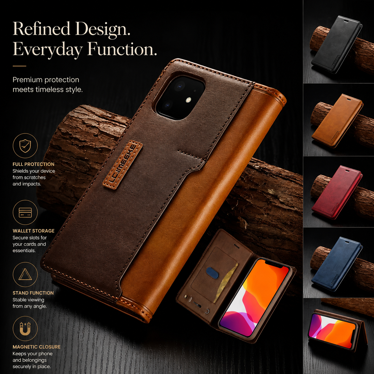 A brown and tan wallet stands diagonally near rustic wood beside smaller color views and an open-phone view. Text reads Refined Design. Everyday Function, with storage, stand and closure labels.