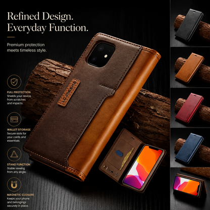 A brown and tan wallet stands diagonally near rustic wood beside smaller color views and an open-phone view. Text reads Refined Design. Everyday Function, with storage, stand and closure labels.