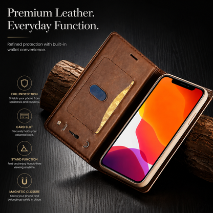 An open brown wallet lies on dark wood with a phone showing an orange gradient. Its inner flap has card storage and small slots near the lower edge. Text reads Premium Leather. Everyday Function.