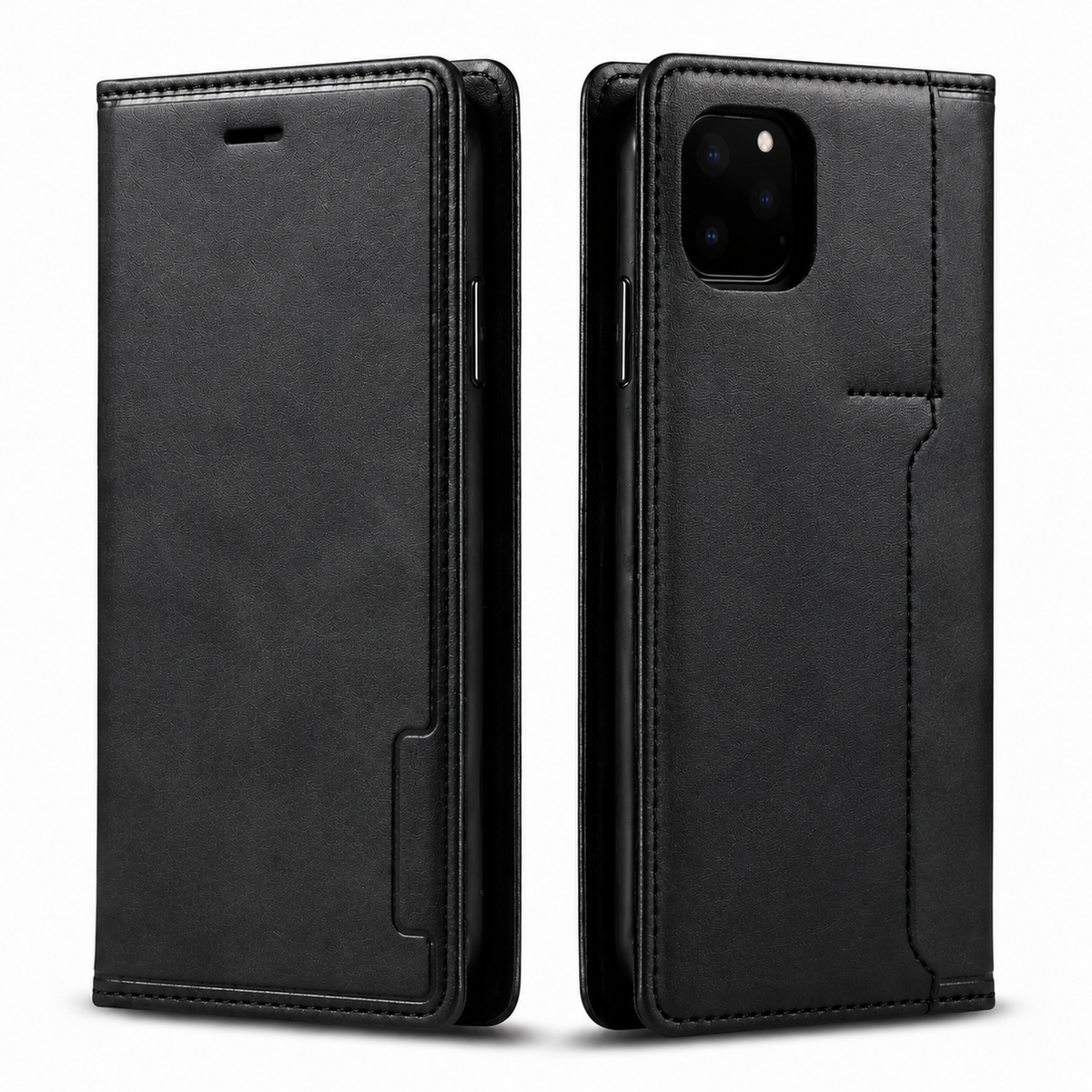 Front and rear views of a black flip wallet case stand on white. Stitching outlines the smooth mottled cover, with a small earpiece slot near the top and a camera opening on the rear. A narrow integrated closure strip runs along the outer edge.