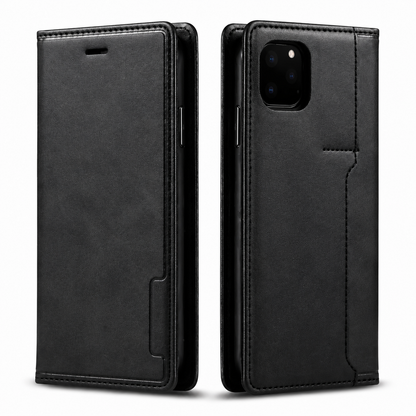 Front and rear views of a black flip wallet case stand on white. Stitching outlines the smooth mottled cover, with a small earpiece slot near the top and a camera opening on the rear. A narrow integrated closure strip runs along the outer edge.