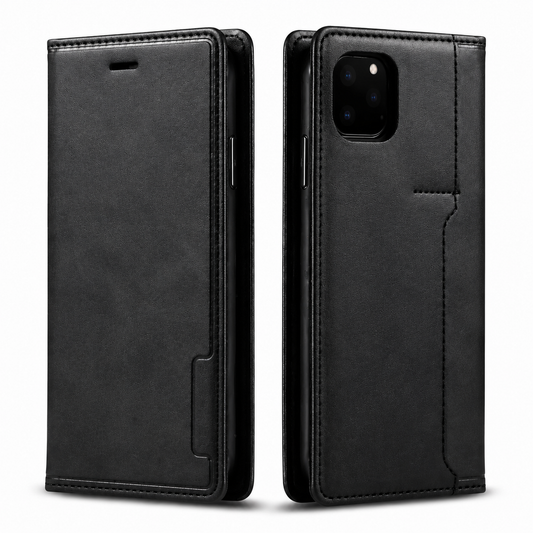 Front and rear views of a black flip wallet case stand on white. Stitching outlines the smooth mottled cover, with a small earpiece slot near the top and a camera opening on the rear. A narrow integrated closure strip runs along the outer edge.