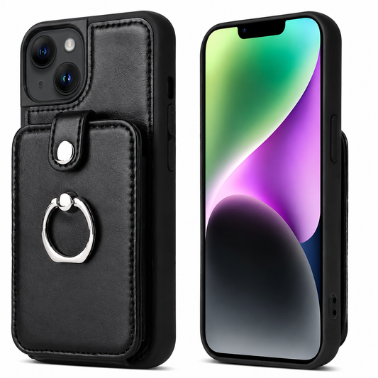 Front and rear views of an iPhone in a black case on a white background. The leather-look back has stitched borders and a rectangular card pocket secured by a short snap tab. A silver folding finger ring sits on the pocket. The front view shows the matching rim around a green and purple screen.