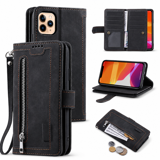 A collage shows a black stitched wallet phone case from front and back with a long front zipper and wrist loop. Insets show card storage, a horizontal stand and cash and coins in the zipper pocket.
