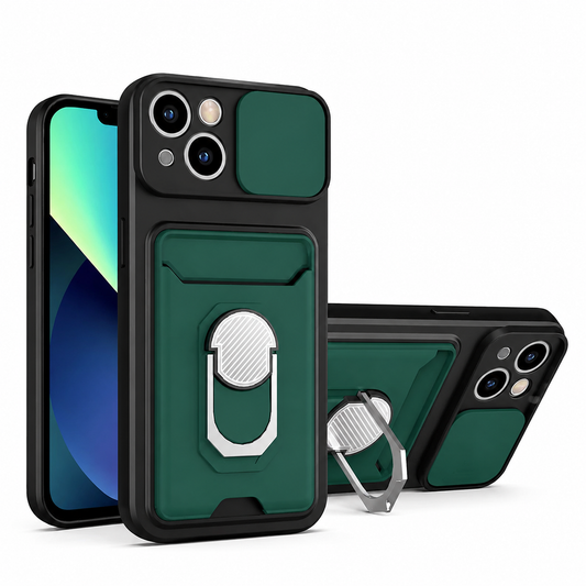 Front, rear and horizontal stand views of a dark green and black rugged phone case appear on white. A sliding camera cover sits beside the lenses. A rectangular rear panel contains a folding finger ring, which extends to support the horizontal phone. Angular raised lines decorate the back.