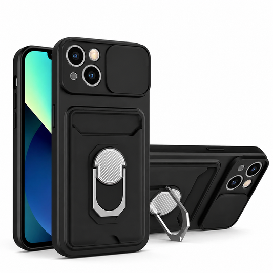 Front, rear and horizontal stand views of a black rugged phone case appear on white. A sliding camera cover sits beside the lenses. A rectangular rear panel contains a folding finger ring, which extends to support the horizontal phone. Angular raised lines decorate the back.