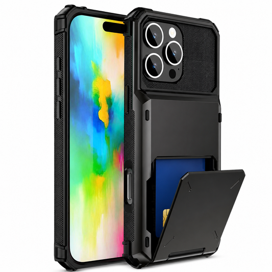 Black rugged wallet phone case shown from colorful front screen and rear with its lower flap open, revealing a blue card in the back compartment.