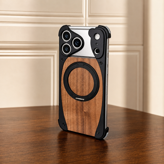 A black-framed wood-grain case stands on a wooden table against cream wall panels. Its circular ring lies flat against the brown back.