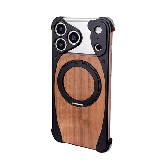 A black-framed case stands on white with a warm brown wood-grain back and flat circular ring stand. Angular plates surround the camera openings, and reinforced tabs guard the corners.