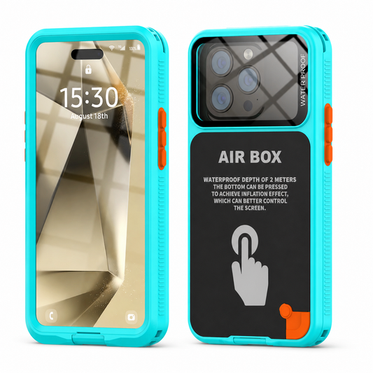 Front and rear views show a turquoise sealed-looking case with orange buttons and a lower orange plug. AIR BOX lettering and a hand-press symbol mark the dark rear panel.