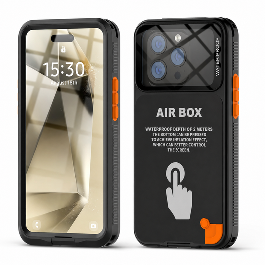 Front and rear views show a thick black sealed-looking case with orange side buttons and a small orange lower plug. The rear bears AIR BOX lettering and a hand-press symbol beneath a clear camera window.
